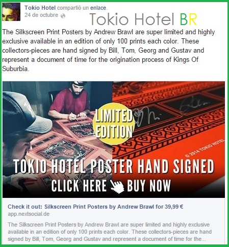 Facebook Tokio Hotel: Pôster do Tokio Hotel autografado (24.10.14)