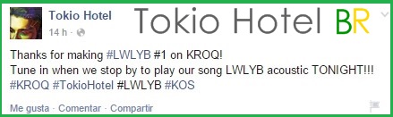 Atualização Tokio Hotel: Obrigado por fazerem “Love Who Loves You Back” número 1 na KROQ! (28.10.14)