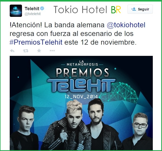Twitter @tvtelehit: Tokio Hotel no Telehit em 12 de novembro! (24.10.14)