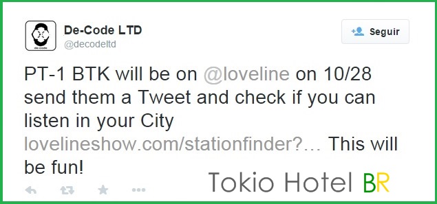 Twitter @decodeltd: Bill e Tom Kaulitz na rádio “Loveline” em 28 de outubro! (22.10.14)