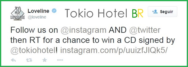 Twitter @loveline: Ganhe um disco autografado pelo Tokio Hotel! (29.10.14)