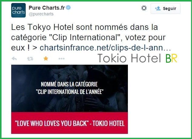 Twitter @purecharts: Tokio Hotel está na categoria “Clipe Internacional” em Clipes do Ano! (26.12.14)