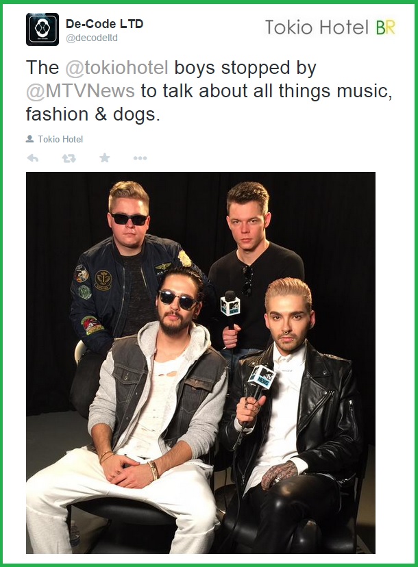Twitter @decodeltd: Tokio Hotel fez uma parada na MTV (13.01.15)