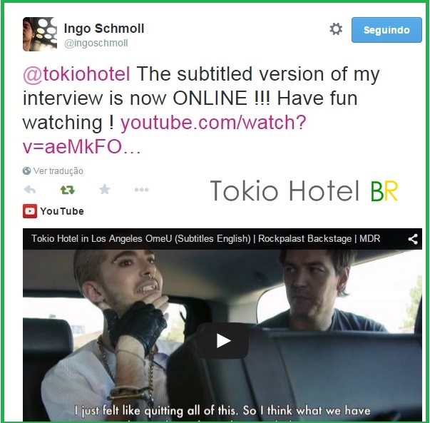 Twitter @ingoschmoll: Entrevista com Tokio Hotel legendada em inglês já está disponível! (28.01.15)