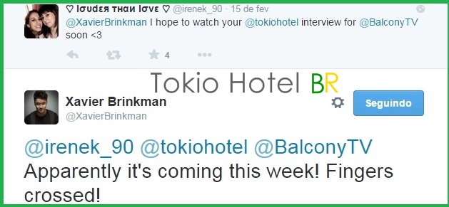 Twitter@Xavier Brinkman: Entrevista com Tokio Hotel prevista para próxima semana! (16.02.15)