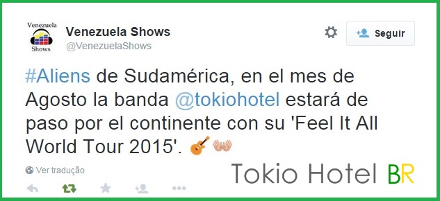 Twitter @VenezuelaShows: Tokio Hotel na América do Sul em agosto! (26.05.15)