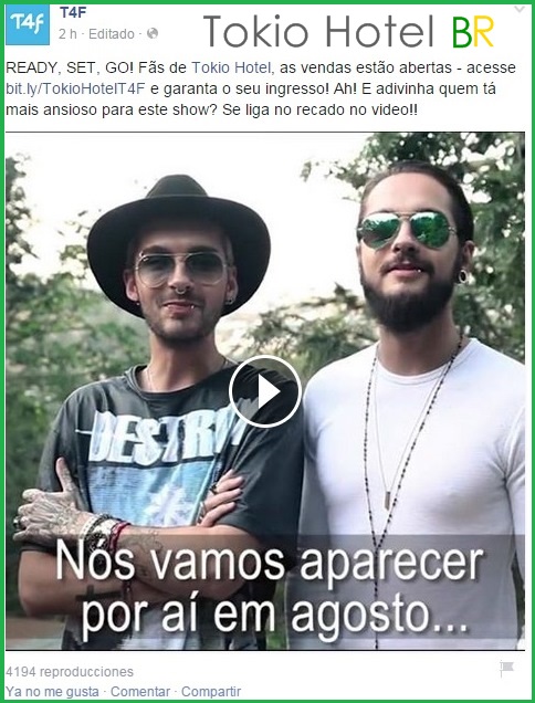 Facebook T4F: Mensagem de Bill e Tom Kaulitz para os Aliens brasileiros! (09.06.15)