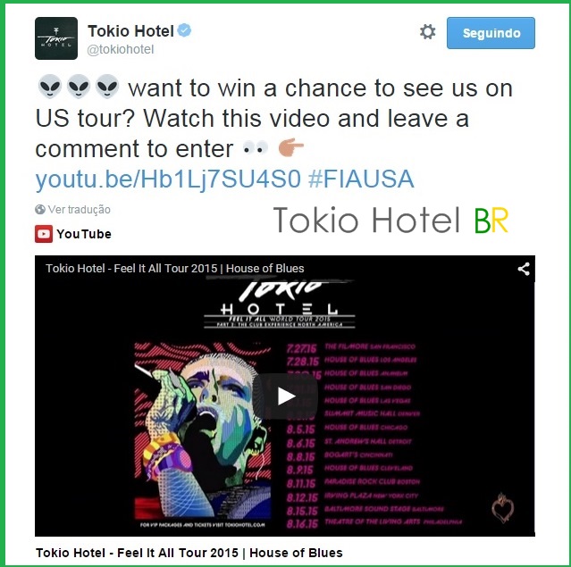 Twitter @tokiohotel: Querem ter uma chance de nos ver na turnê nos Estados Unidos? (01.07.15)